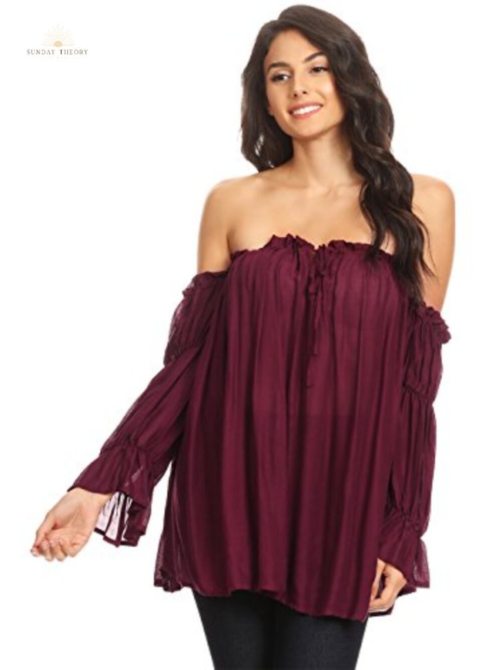 Semi Sheer Boho Peasant Off Shoulder Long Sleeve Blouse